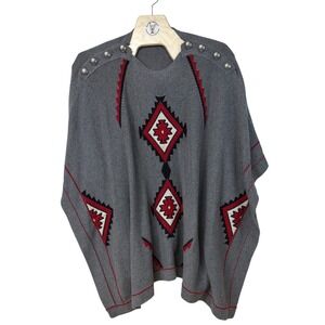 Roja Wool‎ Blend Aztec Geometric Pattern Poncho Shawl Gray Red Women's One Size